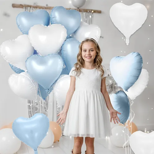 Vista 5 de Globos de corazón azul bebé, 10 piezas de globos en forma de corazón azul claro y blanco pastel, globos de papel de aluminio blanco arena crema