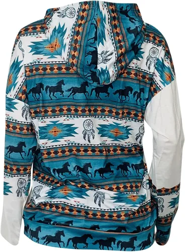 Vista 5 de Ceboyel Women Western Aztec Hoodies Drawstring Sweatshirt Pullover Ethnic Vintage Graphic Shirts Tops Causal Fall Clothes