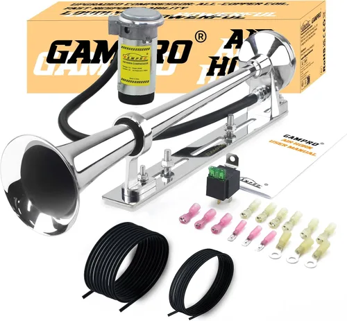 Vista 7 de GAMPRO Bocina de aire para camión, barcos, coche para 12 V, 150 db, kit de bocinas de tren súper ruidosas con soporte Complete kit includes