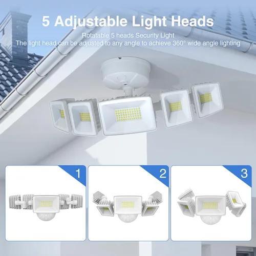 Vista 6 de Luz de inundación LED para exteriores de 120 W, luces de seguridad exteriores de 5 cabezales, 6500 K súper brillante, resistente al agua, IP65
