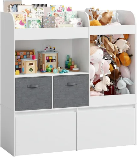 Vista 9 de Soporte para animales de peluche, estantería para niños con tapete de juego, almacenamiento de juguetes de madera con 2 cajones móviles y estantería