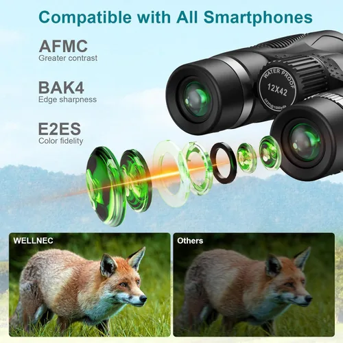 Vista 4 de Prismáticos para adultos, caza y observación de aves – WELLNEC 12 x 42 HD 367/1000 yardas, prismáticos de alta potencia con prismas BaK4 Pro Birding
