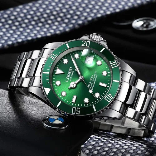 Vista 3 de LOREO Reloj automático para hombre de acero inoxidable plateado con bisel giratorio negro