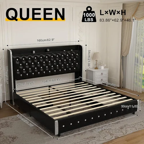 Vista 2 de GEGOFORU Base de cama Queen con luces LED y proyector de galaxia, moderna plataforma con respaldo alado con 4 cajones de almacenamiento, puertos