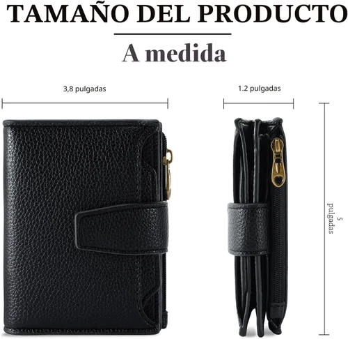 Vista 3 de Airkit Cartera para mujer, pequeña cartera de cuero para mujer, plegable, compacta, con bloqueo RFID, tarjetero de crédito, mini bolso de viaje