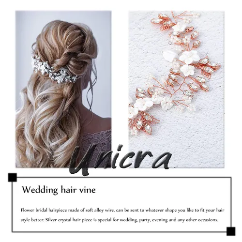 Vista 6 de Unicra Flores de novia para el cabello de boda, perlas de vid, pieza de pelo de novia, accesorios para el cabello de cristal para mujeres y niñas