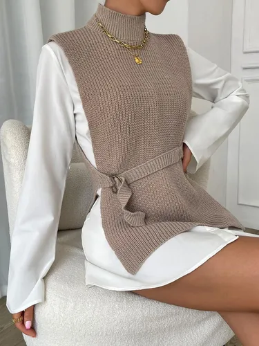 Vista 6 de SweatyRocks Chaleco de punto elegante de cuello alto sin mangas para mujer, con cinturón lateral dividido