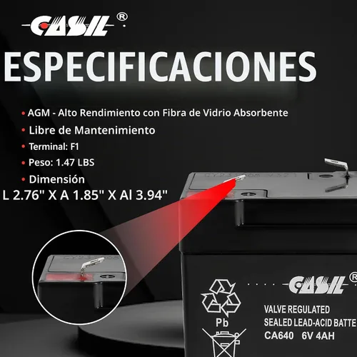 Vista 5 de Casil Batería de repuesto de plomo ácido sellada recargable de 6V 4Ah (1 paquete)