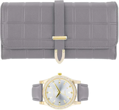 Vista 7 de Reloj de pulsera de cuero dorado para mujer y cartera de tres pliegues a juego