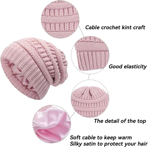 Vista 3 de Gorro de invierno para mujer, sombrero de protección para el cabello, gorro de punto cable suave, gorro de nieve con forro de satén para mujer