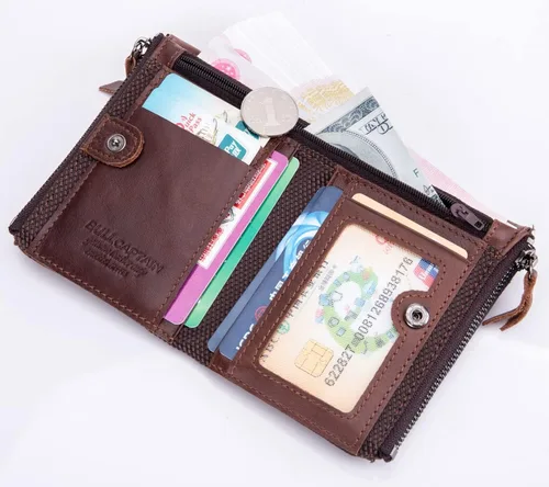 Vista 4 de BULLCAPTAIN Cartera de cuero genuino para hombre estilo vintage con doble cremallera monedero Coffee 47x12x37HxWxL Casual