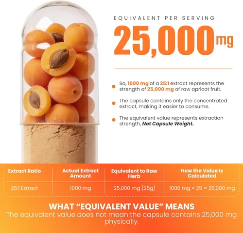 Vista 4 de Extracto de albaricoque 25:1, 500 mg por cápsula 1000 mg por porción Suplemento de hierbas de apoyo inmunológico (paquete de 1) (120 cápsulas)
