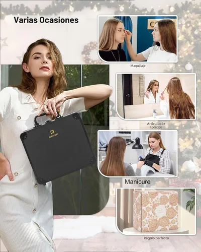 Vista 7 de Relavel - Bolsa de maquillaje con espejo LED, estuche de maquillaje para viajes en tren con espejo iluminado recargable y divisores ajustables Negro