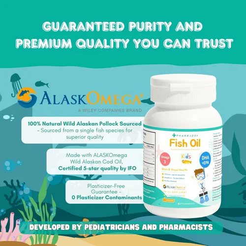 Vista 4 de Aceite de pescado para niños – 272 mg Omega-3 DHA y EPA para el cerebro, la visión y el apoyo inmunológico – Geles suaves en forma de pescado sabor