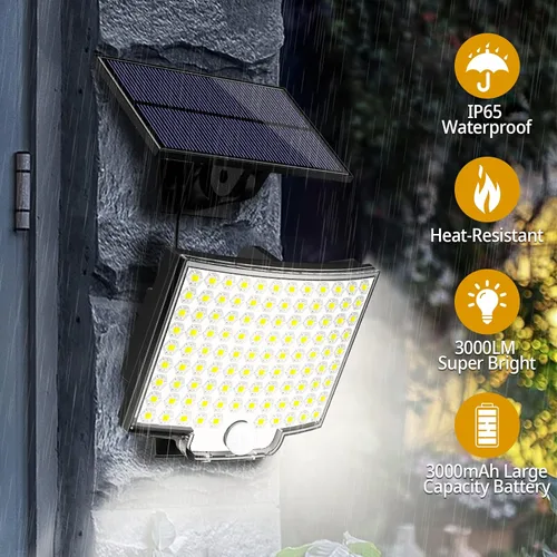 Vista 4 de Luces solares para exteriores, 106 LED 3000LM con sensor de movimiento, luces de inundación solares alimentadas por energía solar con control