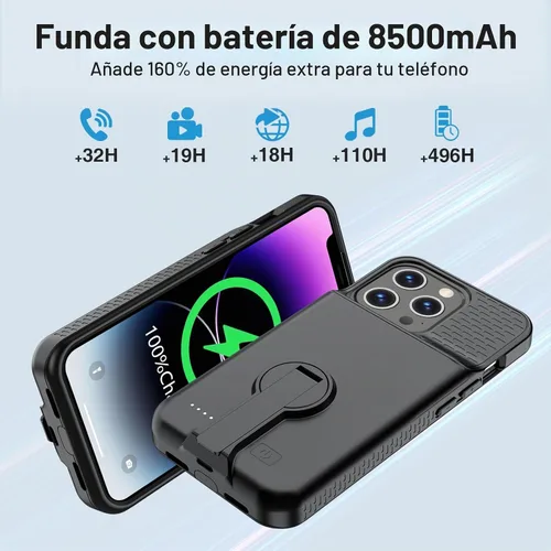 Vista 4 de GIN FOXI Funda de batería para iPhone 14 Pro Max/14 Plus/13 Pro Max/12 Pro Max, funda de carga recargable con soporte de 8500 mAh, funda portátil