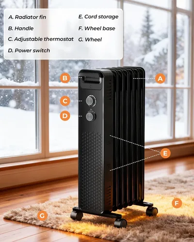 Vista 6 de ZAFRO 1500 W Calentador Eléctrico de Radiador Lleno de Aceite con Termostato Ajustable, Protección Contra Sobrecalentamiento y Vuelco, Bajo Nivel