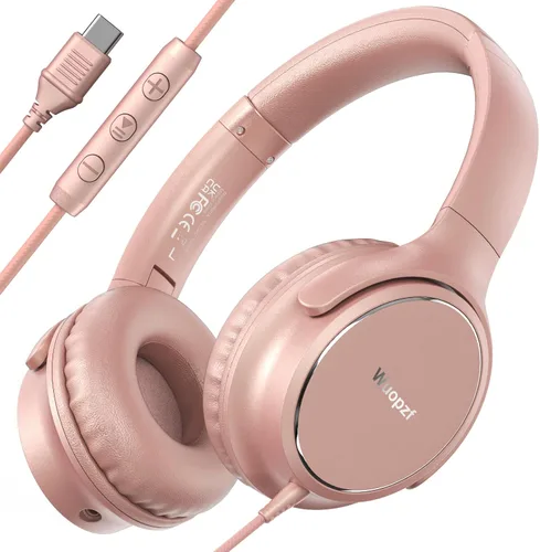 Vista 14 de Auriculares con cable USB C sobre la oreja con micrófono, control de volumen, puerto compartido y diadema ajustable, auriculares estéreo plegables