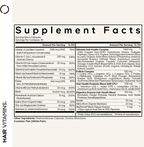 Vista 2 de Codeage Vitaminas para el cabello 10000 mcg de biotina, queratina, colágeno, vitamina A, B12, C, D3, E, zinc, inositol, apoyo para el cuidado