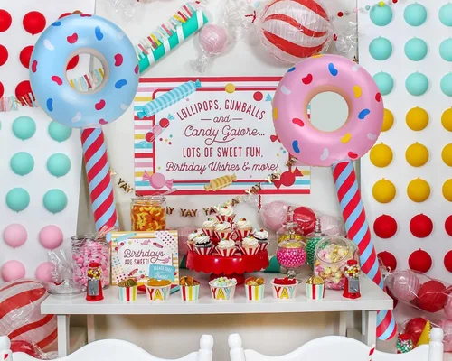 Vista 4 de DS. DISTINCTIVE STYLE Juego de 4 paletas inflables con forma de dona de 33 pulgadas, decoración de cumpleaños con temática de caramelos, accesorios