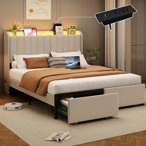 Vista 19 de Marco de cama completa con 4 cajones y cabecera de almacenamiento, marco de cama de plataforma tapizada tamaño completo con luces LED y práctica