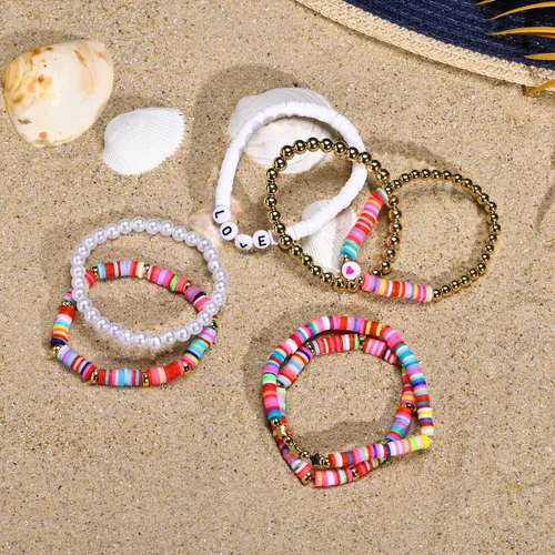Vista 7 de Pulsera elástica de cuentas Surfer para mujer, juego de cuentas coloridas ajustables, pulseras Y2K con dije de corazón y estrella, para verano
