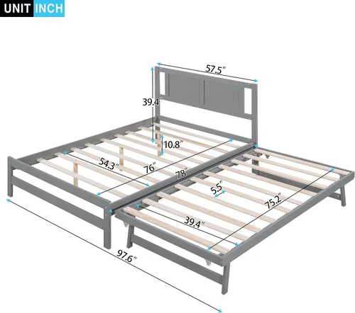 Vista 2 de Harper & Bright Designs Base de cama de tamaño matrimonial con nido ajustable, cama de plataforma matrimonial de madera con cabecero, marco de cama