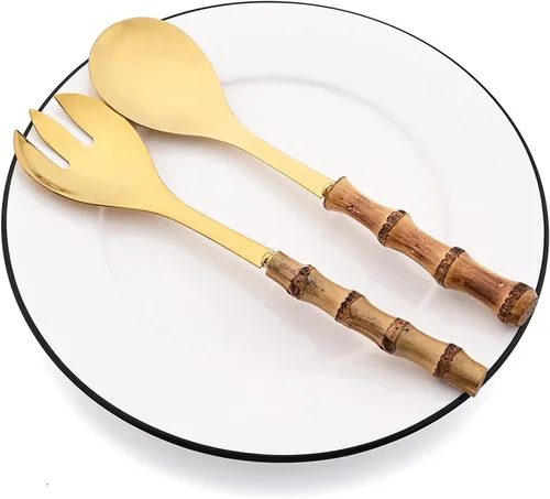 Vista 3 de Juego de 4 utensilios para servir con mango de bambú, acero inoxidable 304, cuchara larga Hanlde para cocina, bufé, banquete, boda, fiesta, cocina