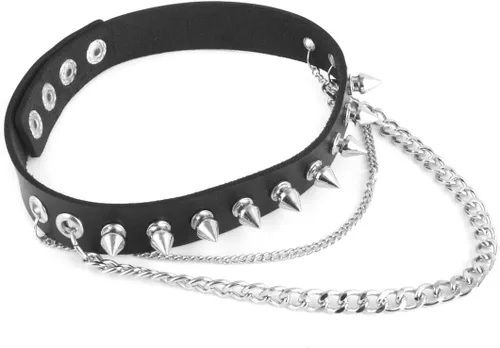 Vista 7 de HZMAN Collar Gargantilla de Cuero con Espigas Metálicas, Puños Puntiagudos y Eslabón de Seguridad para Mujeres y Hombres 01-Negro