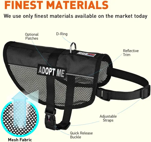 Vista 2 de Dogline MaxAire - Chaleco de malla para perros de 13 a 16 pulgadas y 2 parches extraíbles Adopt Me, talla S, color negro