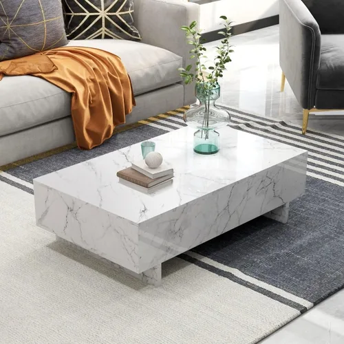 Vista 2 de COSVALVE Juego de muebles para sala de estar, Mesa de café rectangular de alto brillo y diseño moderno, Mesa lateral y mesita de noche con cajones