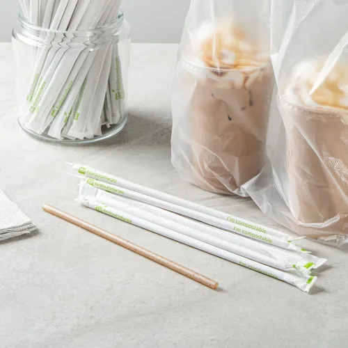 Vista 6 de Restaurantware - Pajitas desechables de 8.3 pulgadas Basic Nature, 100 popotes sostenibles, envueltos, no alteran los sabores, popote de PLA/café