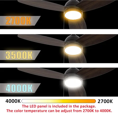 Vista 4 de 52” Black Ceiling Fans with Lights, 5 Speeds Reversible DC Ceiling Fan with Pull Chain, 3 Light Colors Dimmable Low Profile Ceiling Fan For Indoor &