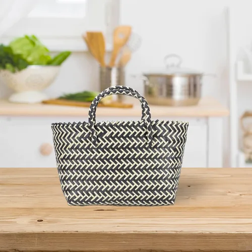 Vista 5 de Zerodeko 1 unid bolso hecho a mano bolsas de plástico bolsa de rayas de moda bolsa de gran capacidad, Negro