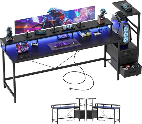 Vista 14 de Mericonia Escritorio para juegos con tomas de corriente y luces LED, escritorio reversible para computadora con soporte para caja de PC, cajones