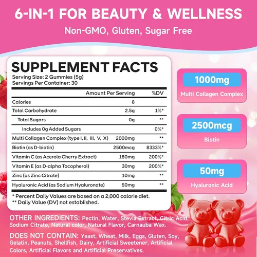 Vista 2 de Paquete de 2 gomitas de péptido de colágeno para mujeres y hombres, proteína de colágeno tipo I, II, III, V, X con biotina vitamina C, D, suplemento