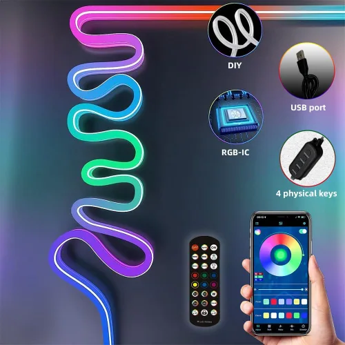 Vista 4 de Tira de luces LED de neón USB de 9.8 pies, tira de luces LED RGB IC inteligentes para dormitorio, tira de luz de neón LED de sincronización