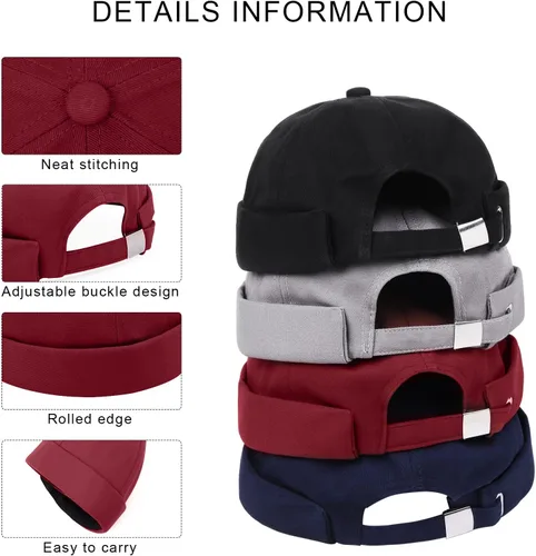 Vista 3 de URATOT 4 piezas de sombrero sin ala Docker Cap Retro algodón sin ala sombrero ajustable puño enrollado sombreros sin ala para hombres