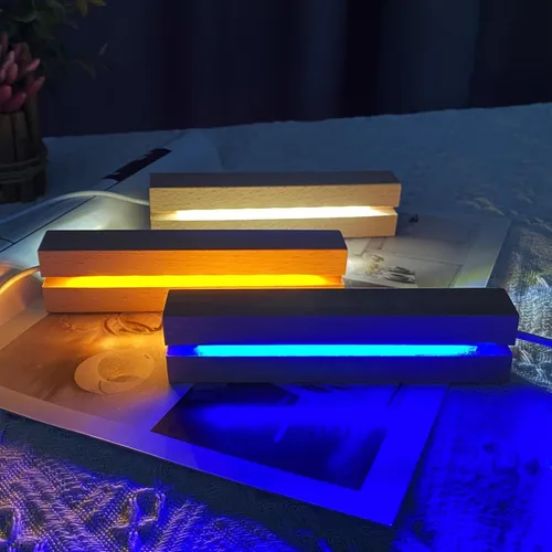 Vista 3 de Base de madera rectangular iluminada LED de 6 pulgadas para acrílico y plexiglás, pedestal de pantalla, base de madera de lámpara LED con luz de 7