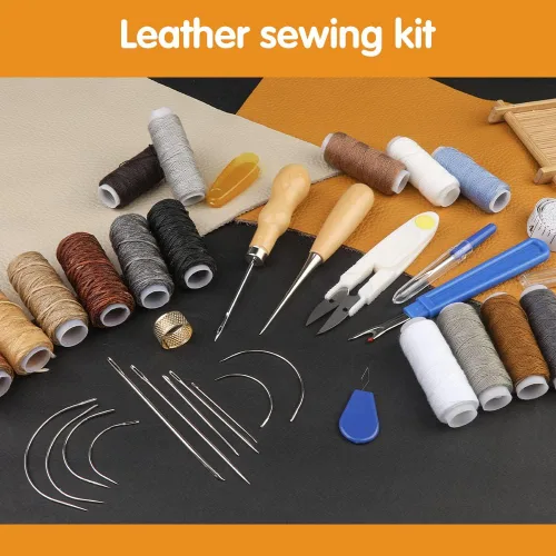 Vista 7 de BUTUZE Kit de reparación de tapicería, kit de costura de cuero, hilo de coser, hilo encerado, agujas de coser a mano resistentes, punzón de costura