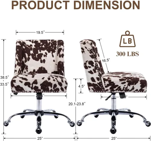 Vista 2 de Silla de escritorio con estampado de vaca, silla giratoria de escritorio con ruedas, silla tapizada para oficina en casa sin brazos para dormitorio