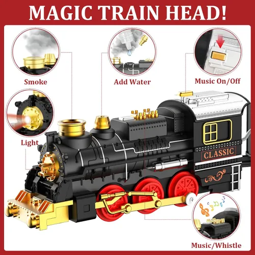 Vista 2 de Juego de Tren de Juguete con Humo, Luces y Sonido (Encendido/Apagado) para Niños, Juego de Tren Bajo el Árbol de Navidad, Modelos de Trenes
