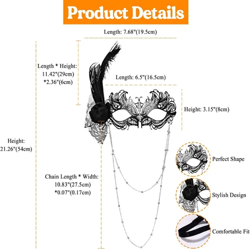 Vista 2 de Aroncent Máscara de plumas para mujer: máscara de filigrana de metal veneciano con cadena desmontable, fiesta de Halloween Negro