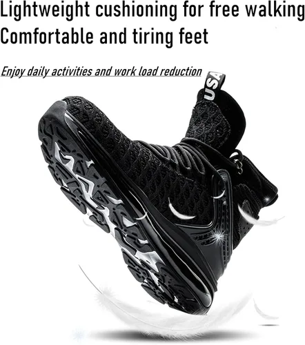 Vista 4 de SYLPHID Zapatos deportivos con punta de acero para hombre, zapatos de seguridad para mujer, zapatos de trabajo altos con cojín de aire, ligeros