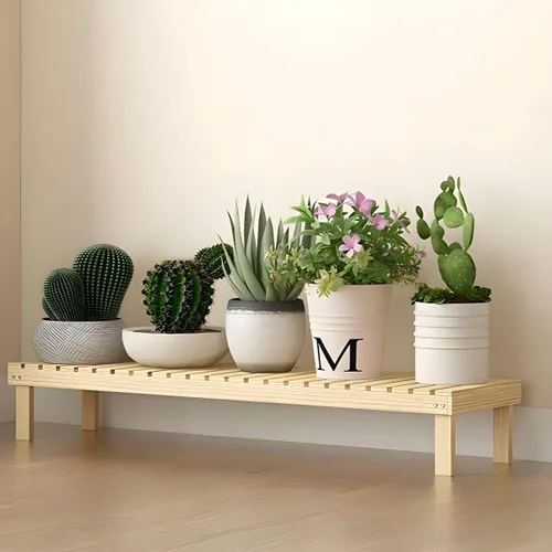 Vista 10 de Soporte rectangular para plantas de madera maciza de 1 nivel, 4 patas, flores, suculentas, rábano verde, de una sola capa, escalera de balcón Marrón