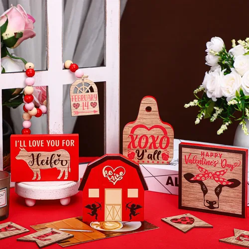 Vista 2 de 10 piezas de decoración de bandeja escalonada de gnomo de San Valentín (bandeja no incluida), en forma de corazón de madera de San Valentín