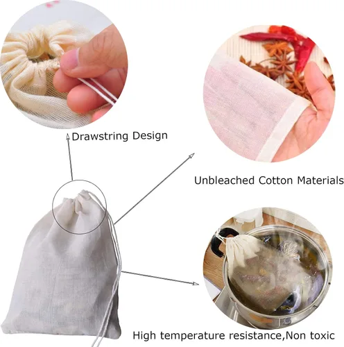 Vista 3 de Paquete de 36 bolsas de muselina de especias con cordón, bolsas de algodón natural sin blanquear de 3 x 4 pulgadas para café, té, hierbas, bolsitas