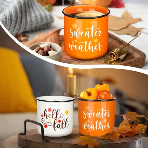 Vista 7 de Tanlade Tazas de café de otoño de Acción de Gracias, tazas blancas y naranjas con tapa, taza de cerámica con lazo a cuadros de búfalo y cuentas