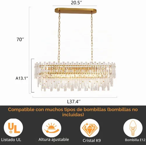 Vista 4 de Candelabro rectangular de cristal K9, 37.4 pulgadas, 10 luces, lámpara colgante lineal para comedor, isla de cocina