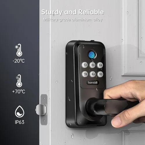 Vista 7 de Cerradura inteligente WiFi sin llave con asa, teclado de huellas dactilares Hornbill, palanca de bloqueo de puerta, cerrojo eléctrico, desbloqueo